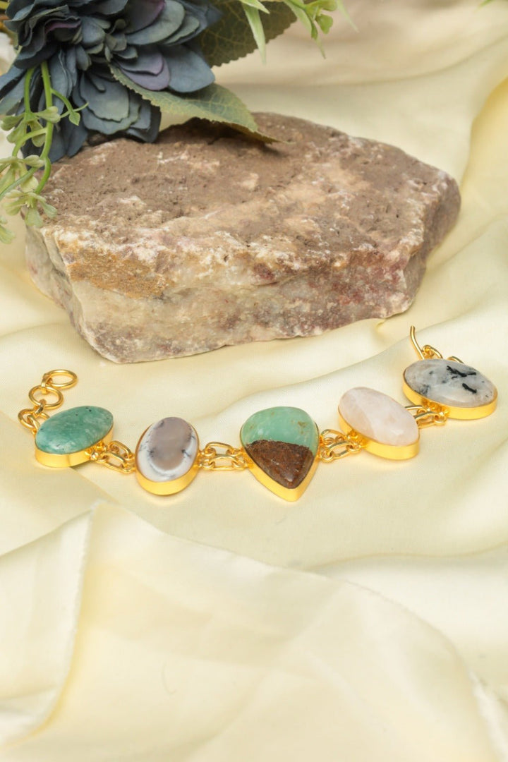 Gold - Tone Natural Multi - Gemstone Bezel Link Bracelet – Amazonite & Quartz - Zehnaz.ae