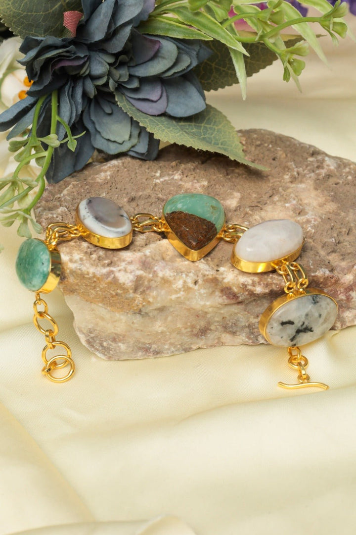 Gold - Tone Natural Multi - Gemstone Bezel Link Bracelet – Amazonite & Quartz - Zehnaz.ae