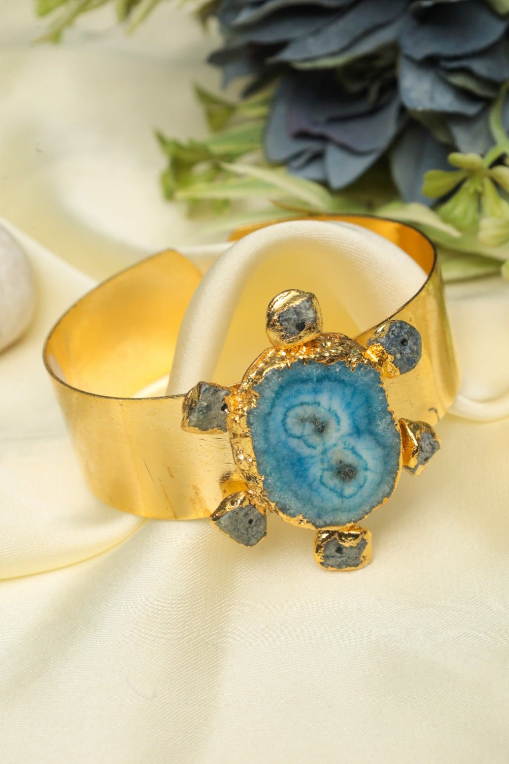 Gold - Tone Open Cuff Bracelet with Blue Druzy Turtle Stone – Bohemian Statement - Zehnaz.ae