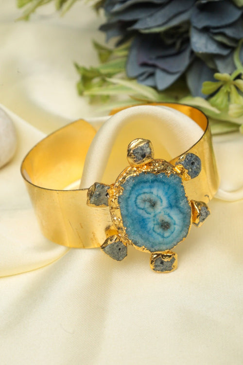 Gold-Tone Open Cuff Bracelet with Blue Druzy Turtle Stone – Bohemian Statement