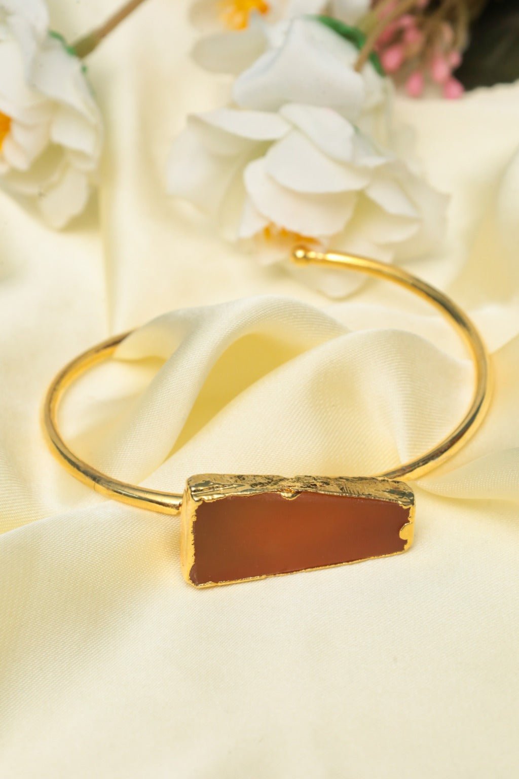 Gold - Tone Raw Stone Open Cuff Bracelet – Bold Orange Gemstone Statement - Zehnaz.ae
