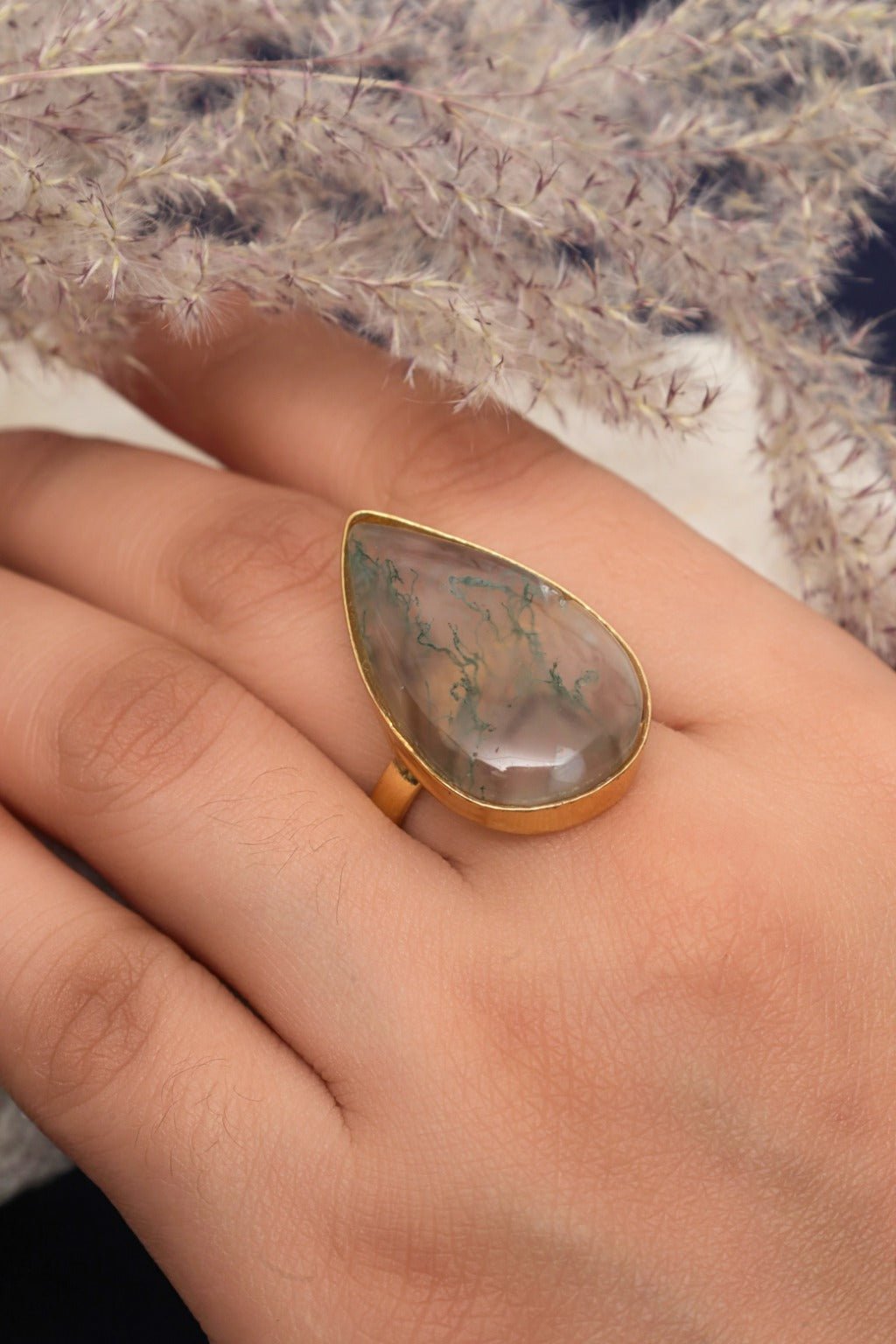 Gold Tone Teardrop Moss Agate Ring - Zehnaz.ae