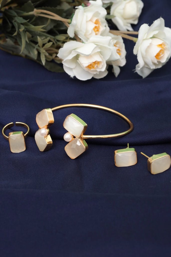 Gold - Tone Tetra Rectangle Glossy & Pearl Jewelry Set – Bracelet, Ring & Stud Earrings - Zehnaz.ae