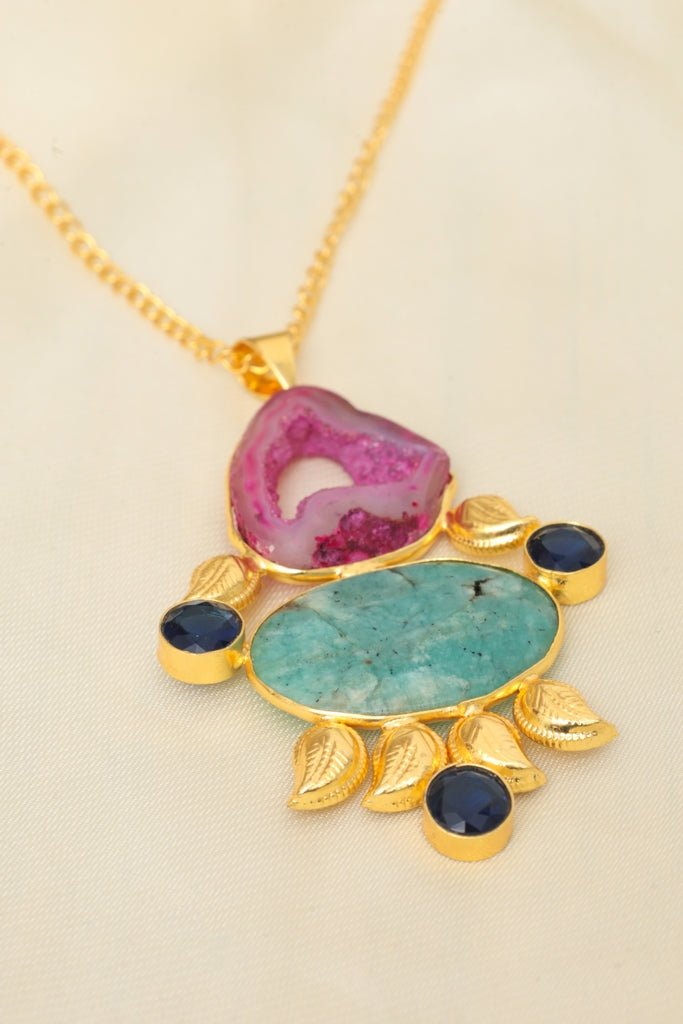 Golden Agate Necklace – Gold - Plated Statement Jewelry with Pink & Turquoise Stones - Zehnaz.ae