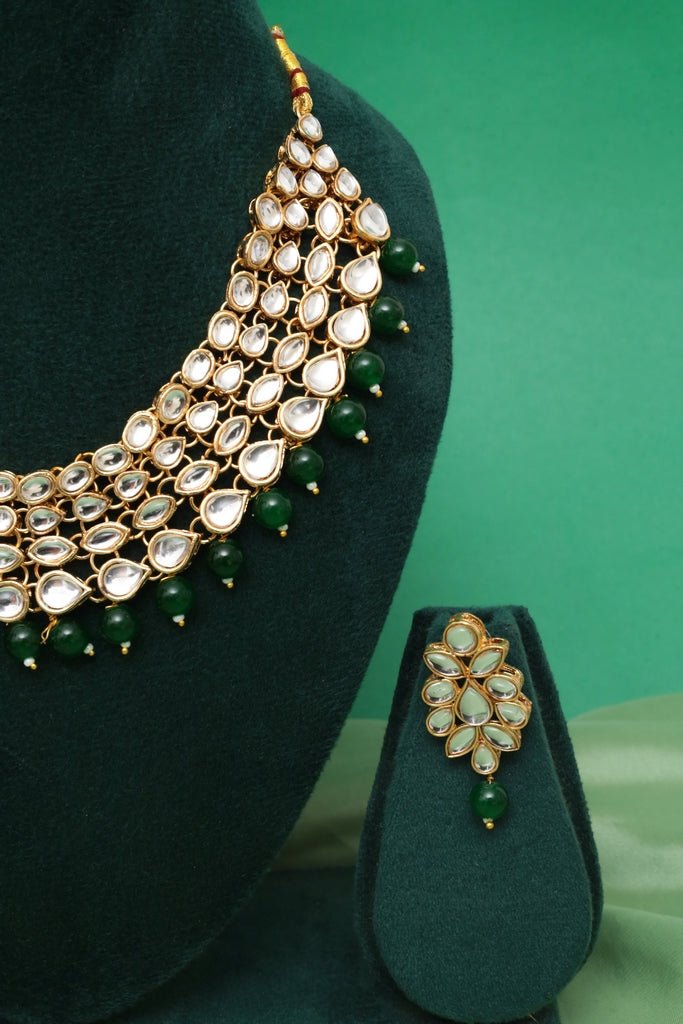 Green Kundan Gold Plated Choker Necklace Set - Zehnaz.ae