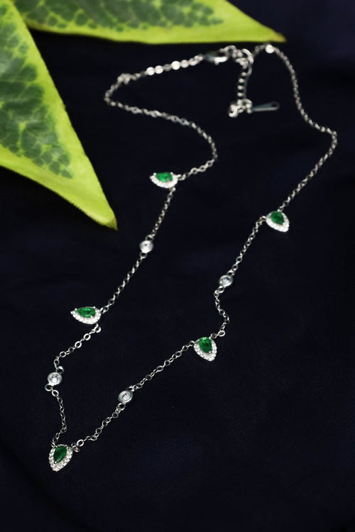 Green Pear & White CZ Drop Necklace – Silver Plated Jewelry