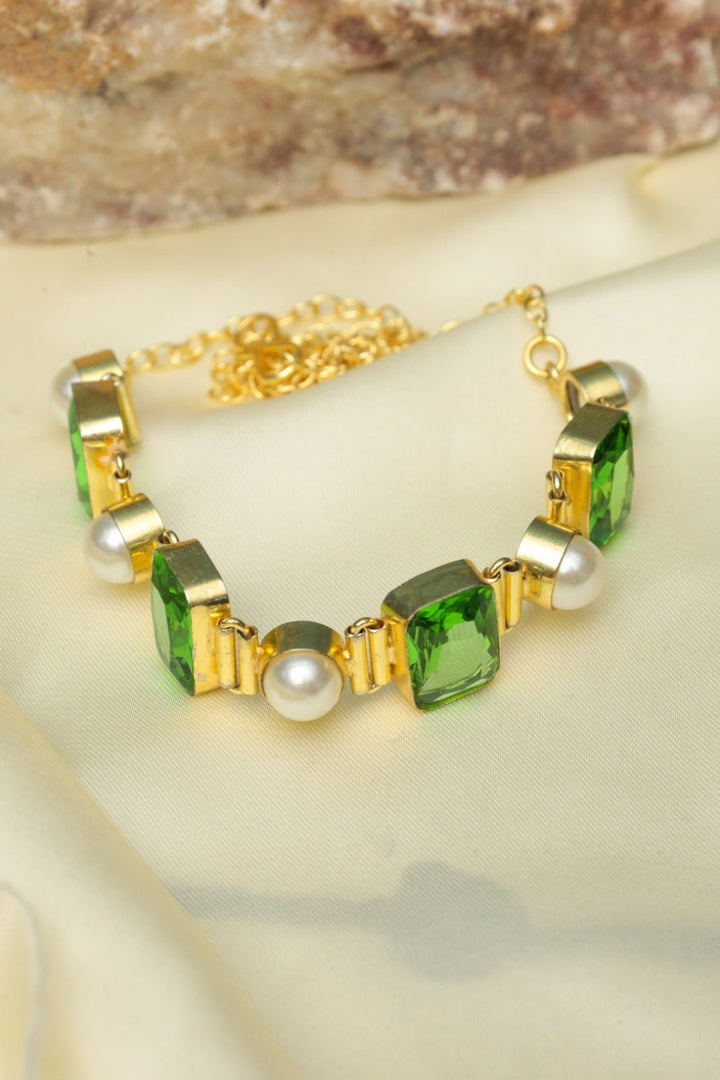 Green Stone & Pearl Choker – Gold - Tone Kundan - Inspired Jewelry - Zehnaz.ae