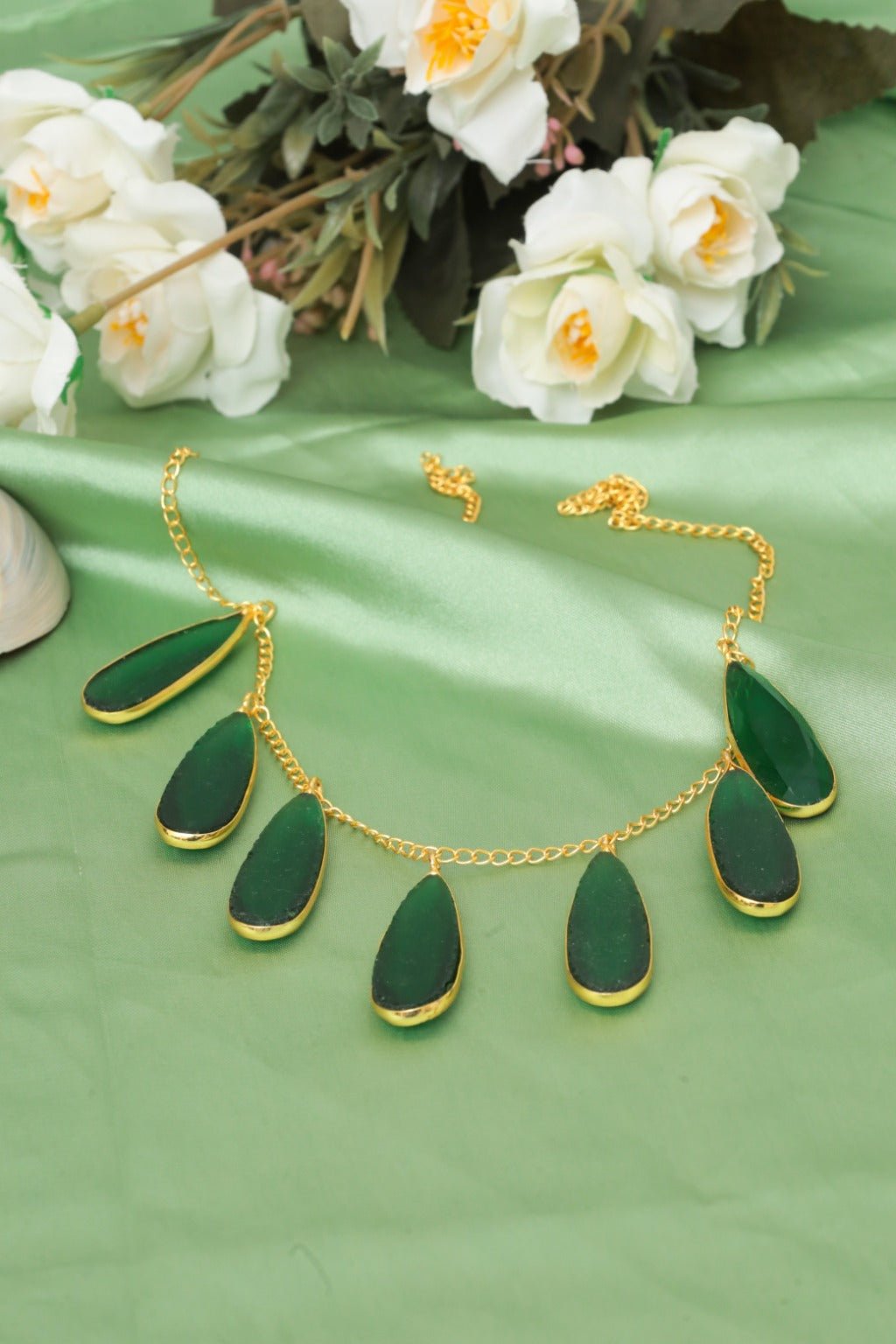 Green Teardrop Necklace – Gold - Plated Statement Jewelry - Zehnaz.ae