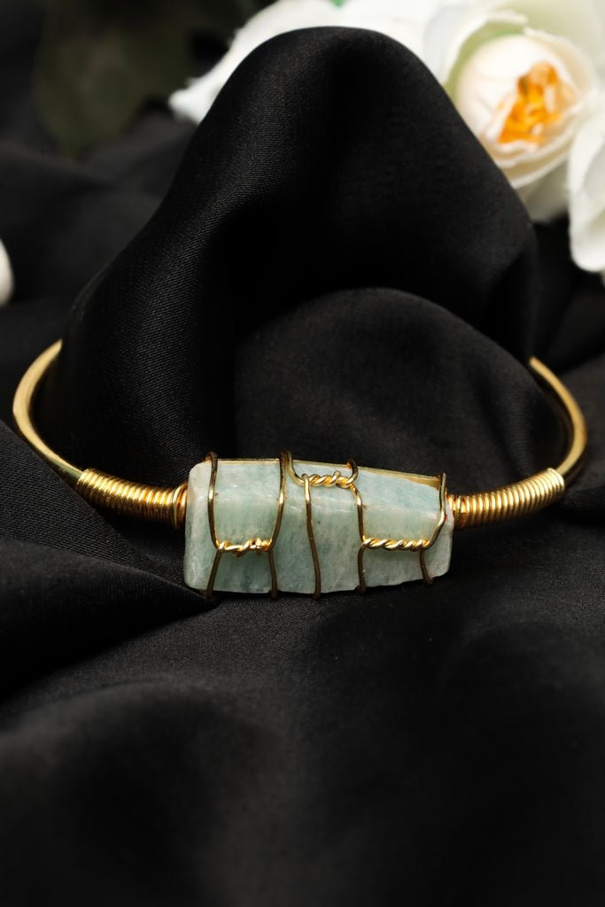 Handmade Gold - Plated Wire - Wrapped Amazonite Cuff Bracelet – Boho Statement Jewelry - Zehnaz.ae