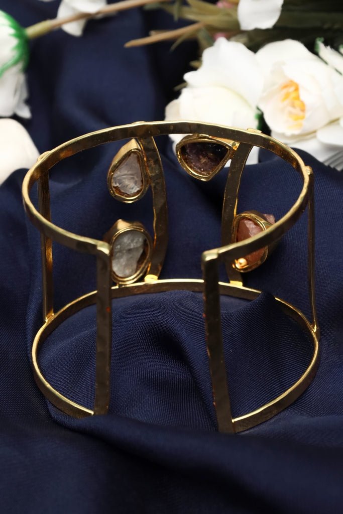 Handmade Gold - Tone Raw Gemstone Cuff Bracelet – Boho Statement Jewelry - Zehnaz.ae