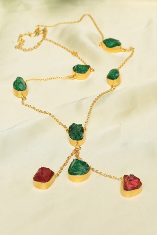Handmade Green & Red Gemstone Necklace – Gold-Plated Bohemian Jewelry