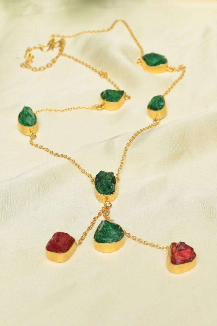 Handmade Green & Red Gemstone Necklace – Gold - Plated Bohemian Jewelry - Zehnaz.ae
