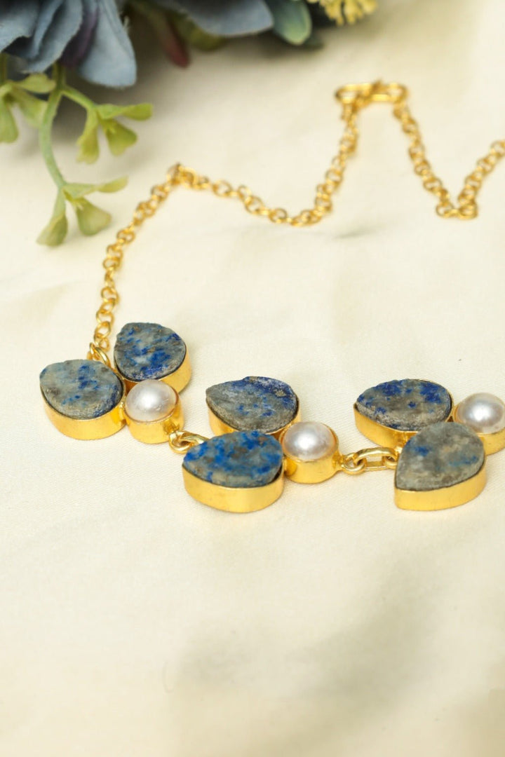Lapis & Pearl Necklace – Handmade Gold - Plated Jewelry - Zehnaz.ae
