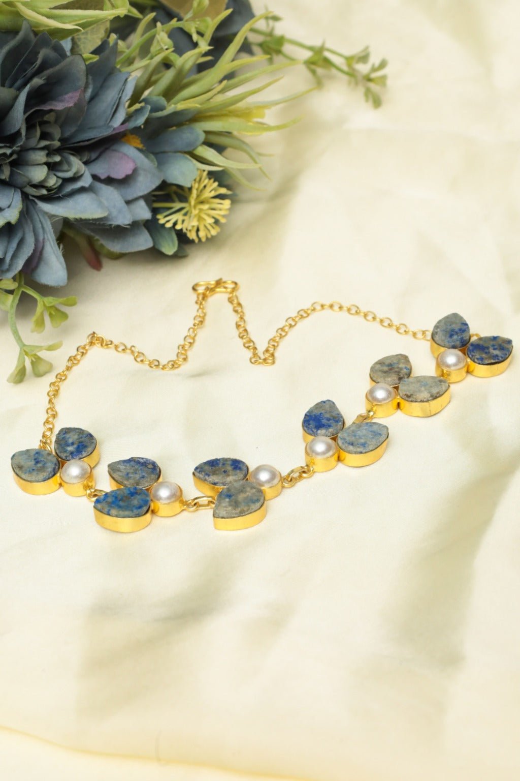 Lapis & Pearl Necklace – Handmade Gold - Plated Jewelry - Zehnaz.ae