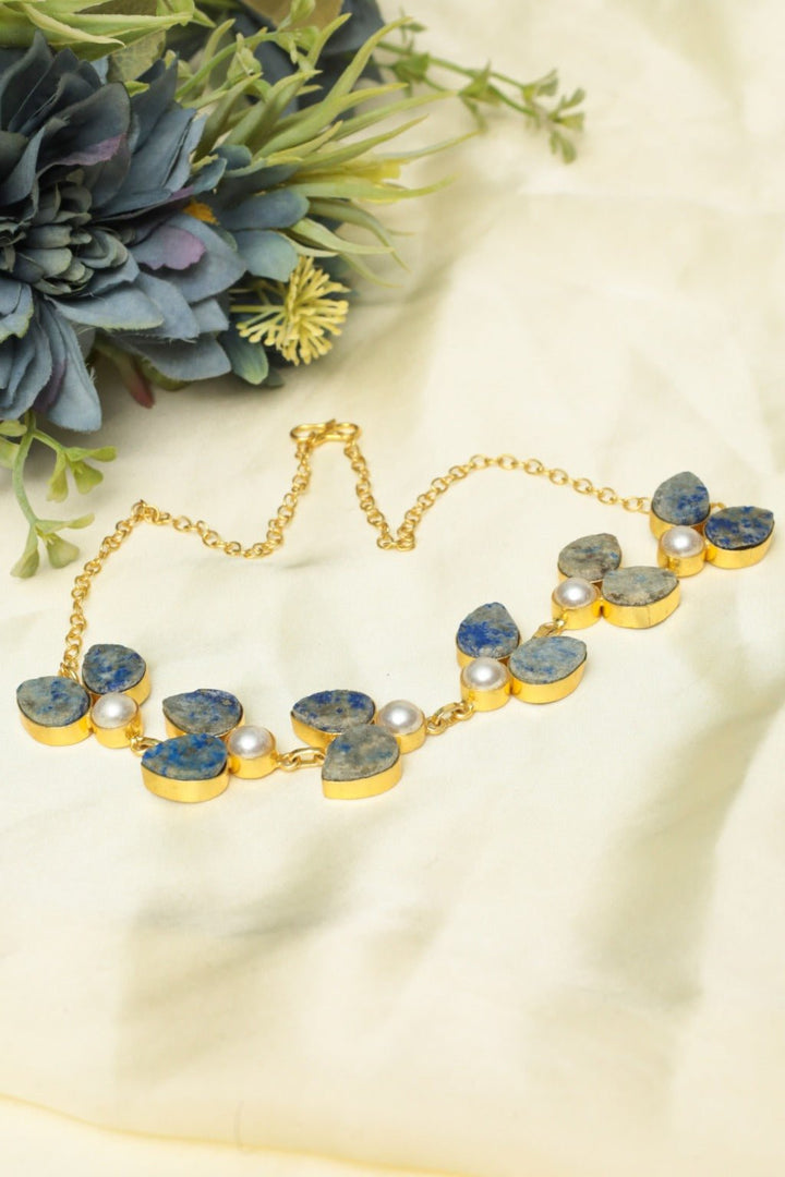 Lapis & Pearl Necklace – Handmade Gold - Plated Jewelry - Zehnaz.ae