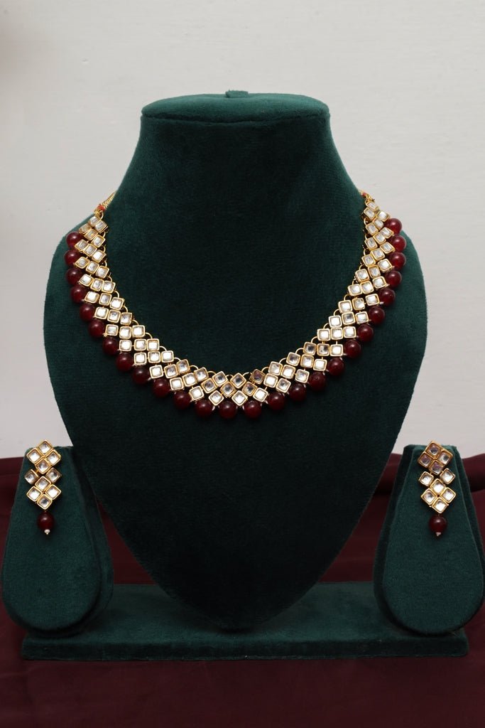 Maroon Kundan Gold Plated Choker Necklace Set - Zehnaz.ae