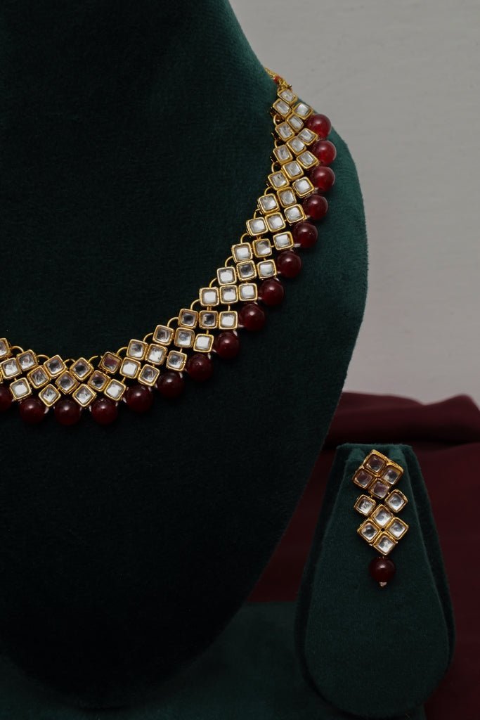 Maroon Kundan Gold Plated Choker Necklace Set - Zehnaz.ae