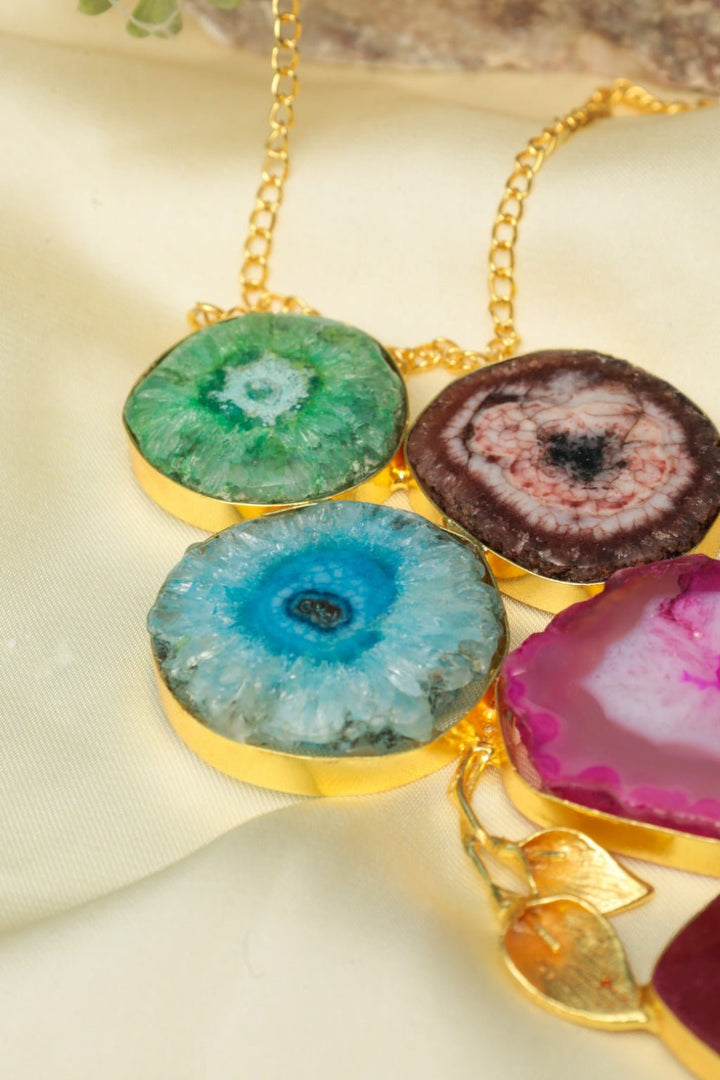 Multi Gem Statement Necklace – Gold - Plated Bohemian Jewelry - Zehnaz.ae