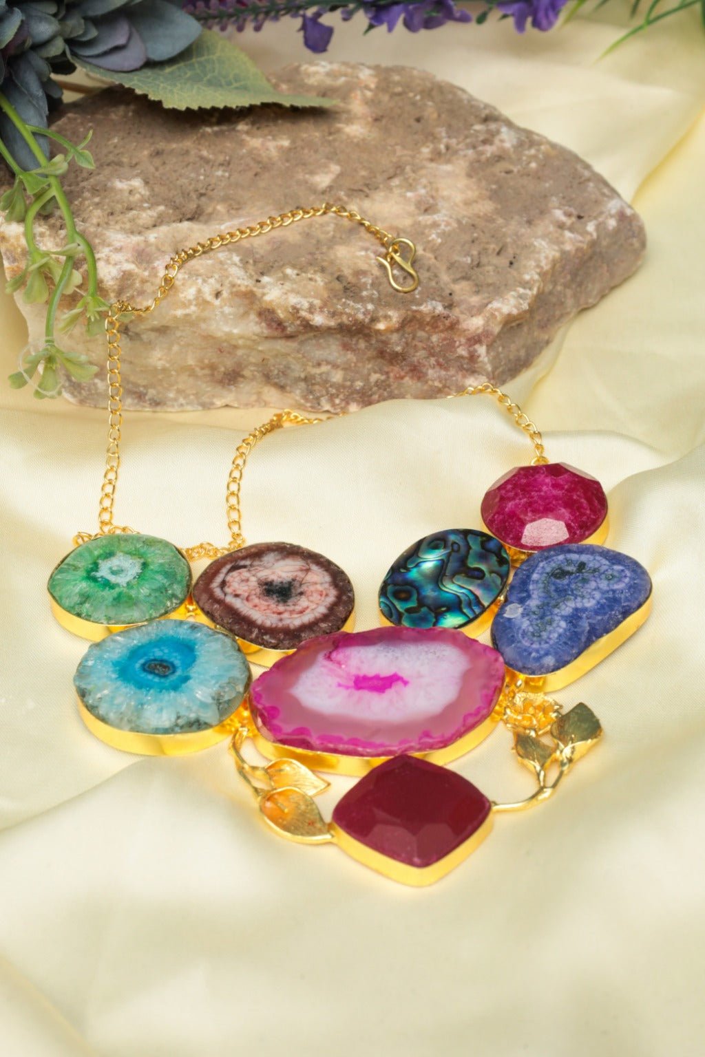 Multi Gem Statement Necklace – Gold - Plated Bohemian Jewelry - Zehnaz.ae