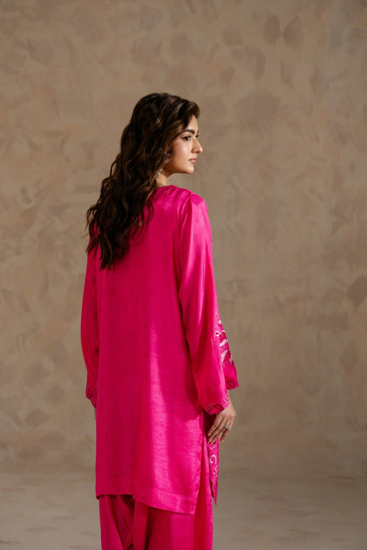 NURA – Embroidered Raw Silk Short Shirt & Shalwarr - Zehnaz.ae