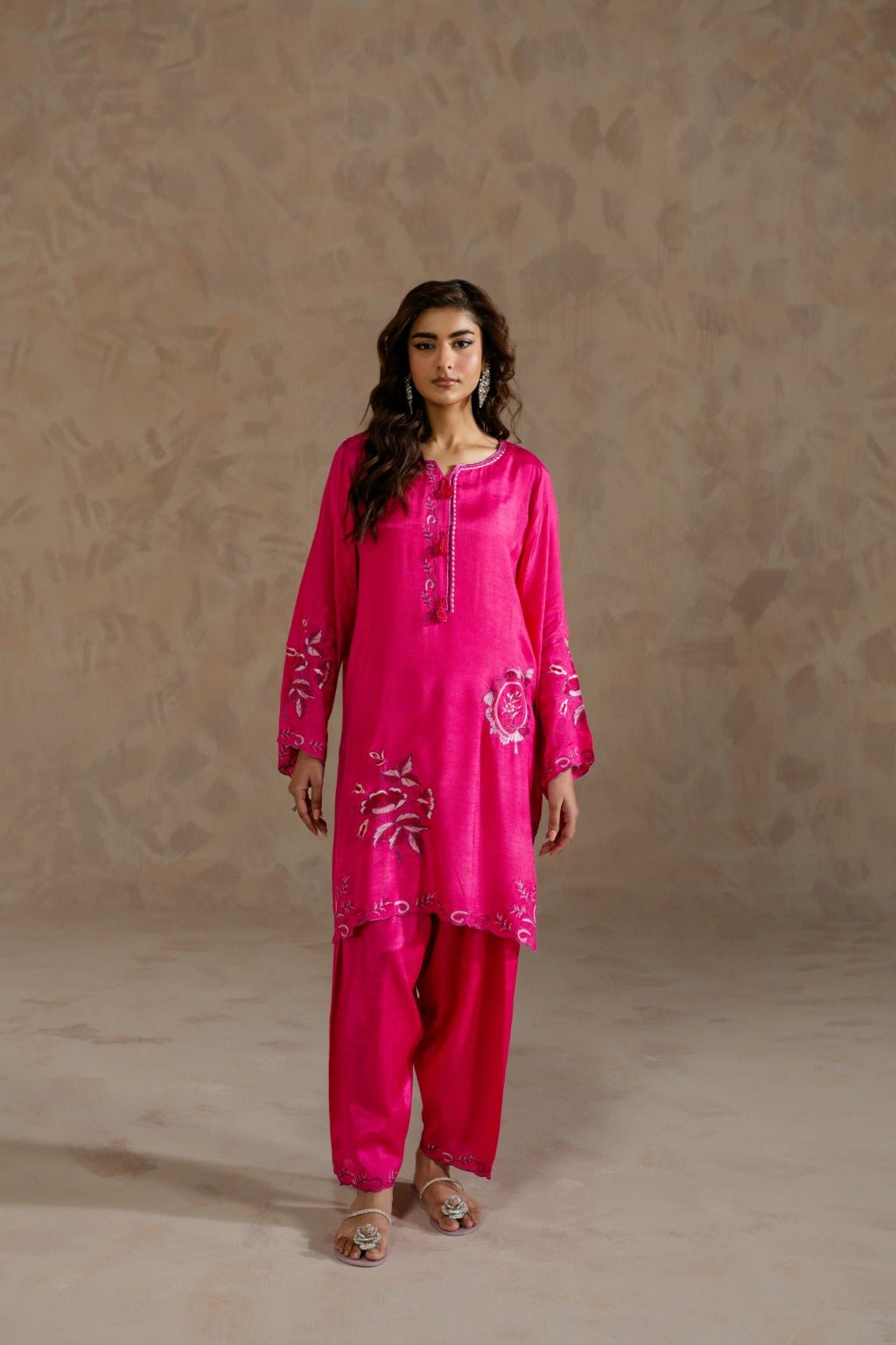 NURA – Embroidered Raw Silk Short Shirt & Shalwarr - Zehnaz.ae