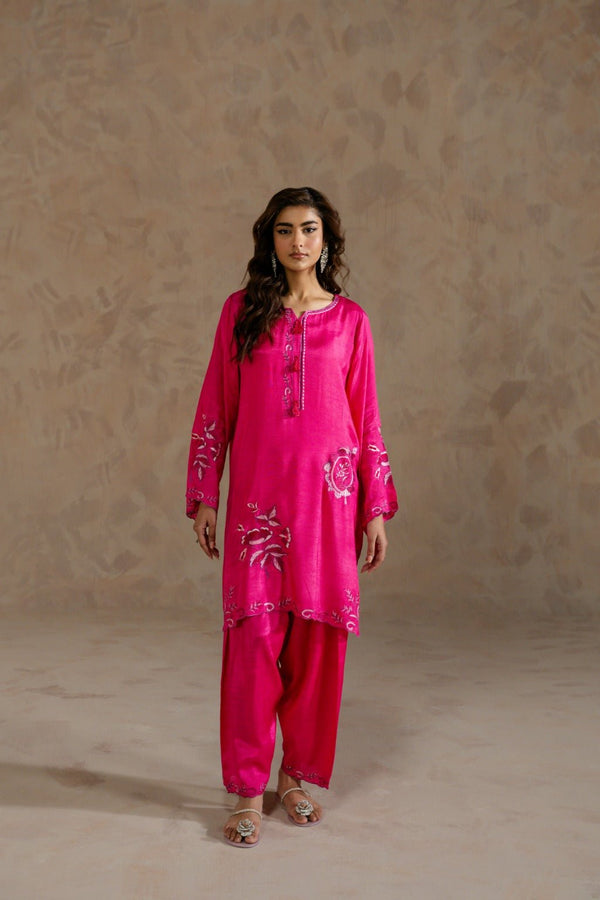 NURA – Embroidered Raw Silk Short Shirt & Shalwarr - Zehnaz.ae