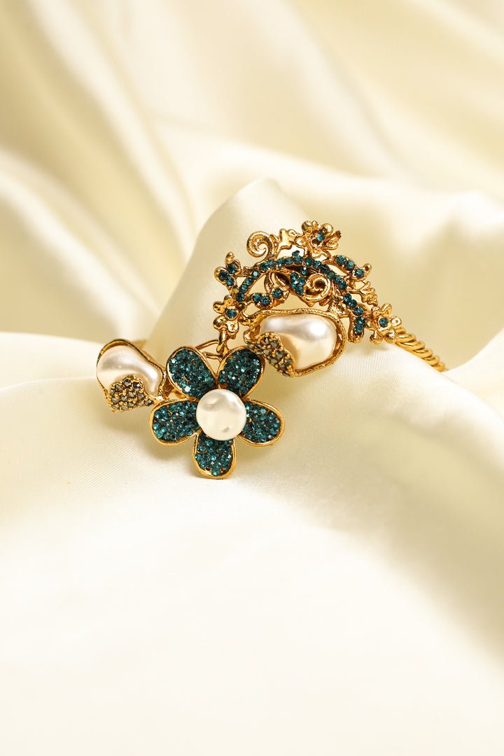 Ornate Floral Cuff Bracelet with Pearls & Rhinestones – Regal Statement Jewelry - Zehnaz.ae
