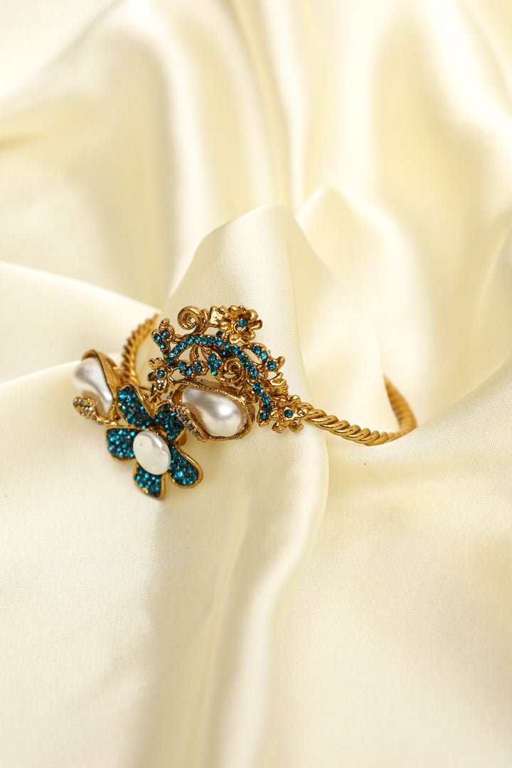 Ornate Floral Cuff Bracelet with Pearls & Rhinestones – Regal Statement Jewelry - Zehnaz.ae