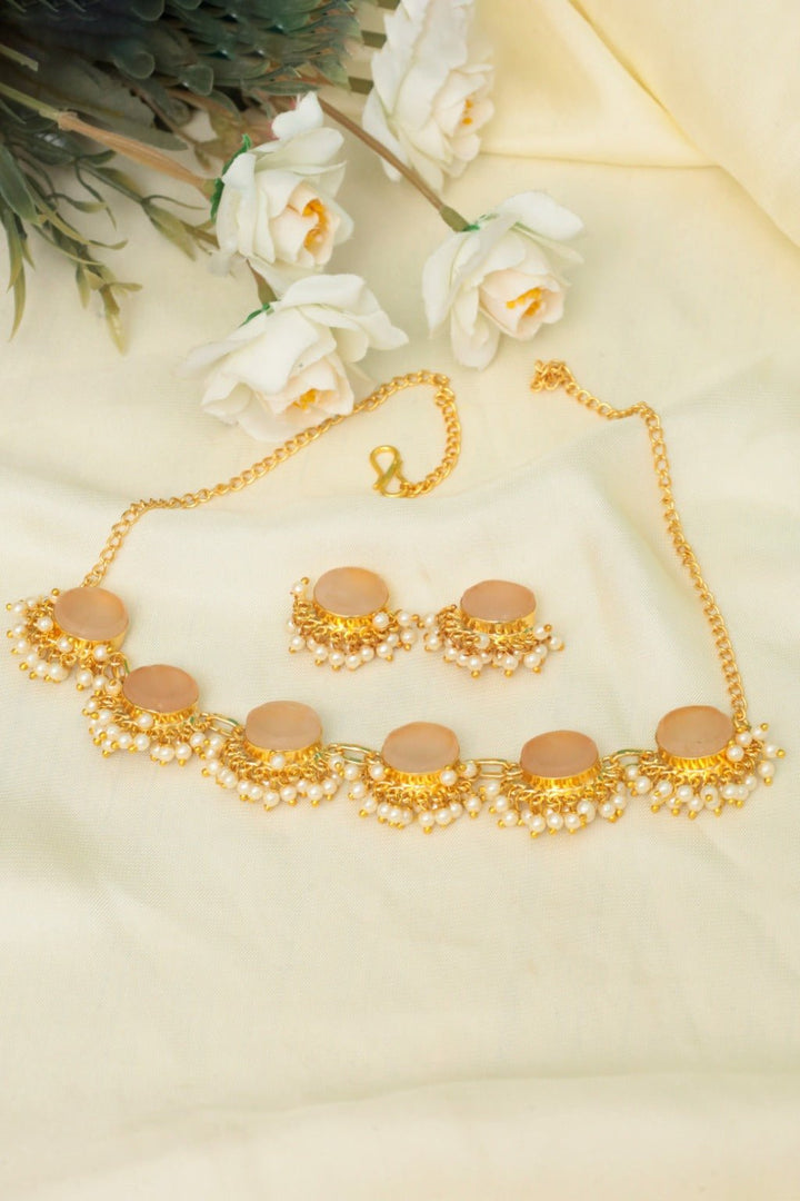 Peach Pearl Gold Plated Choker Necklace Set - Zehnaz.ae