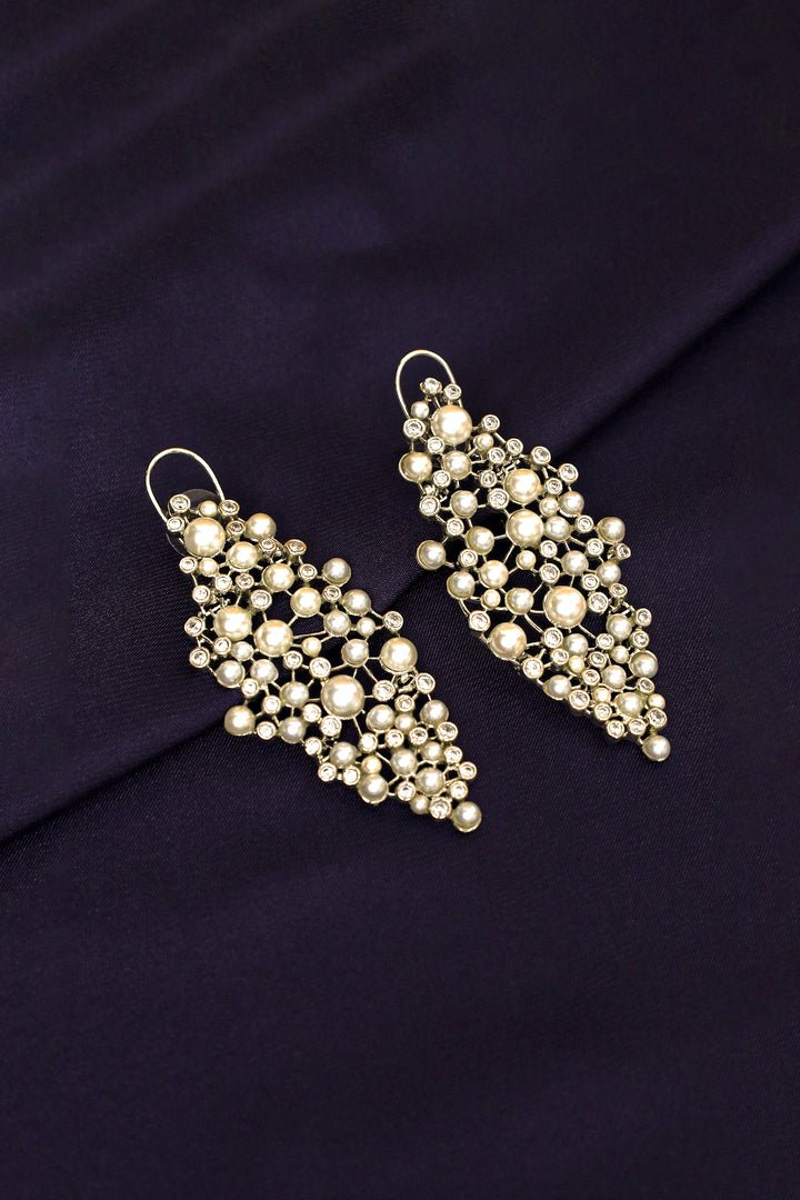Pearl Drop Earrings – Silver - Toned Vine Cluster with Rhinestone Accents - Zehnaz.ae