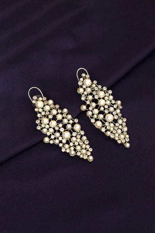 Pearl Drop Earrings – Silver-Toned Vine Cluster with Rhinestone Accents