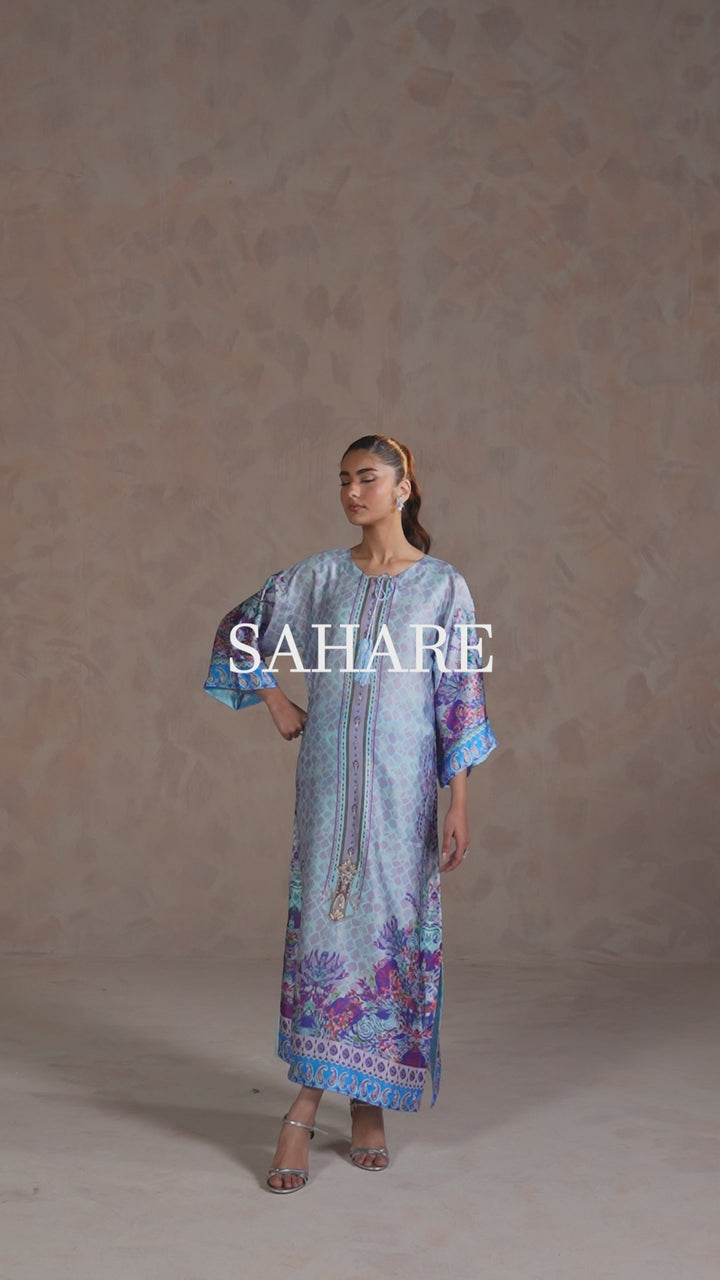 Premium Charmeuse kaftan set with Zardozi embroidery for women by Zehnaz Pakistan