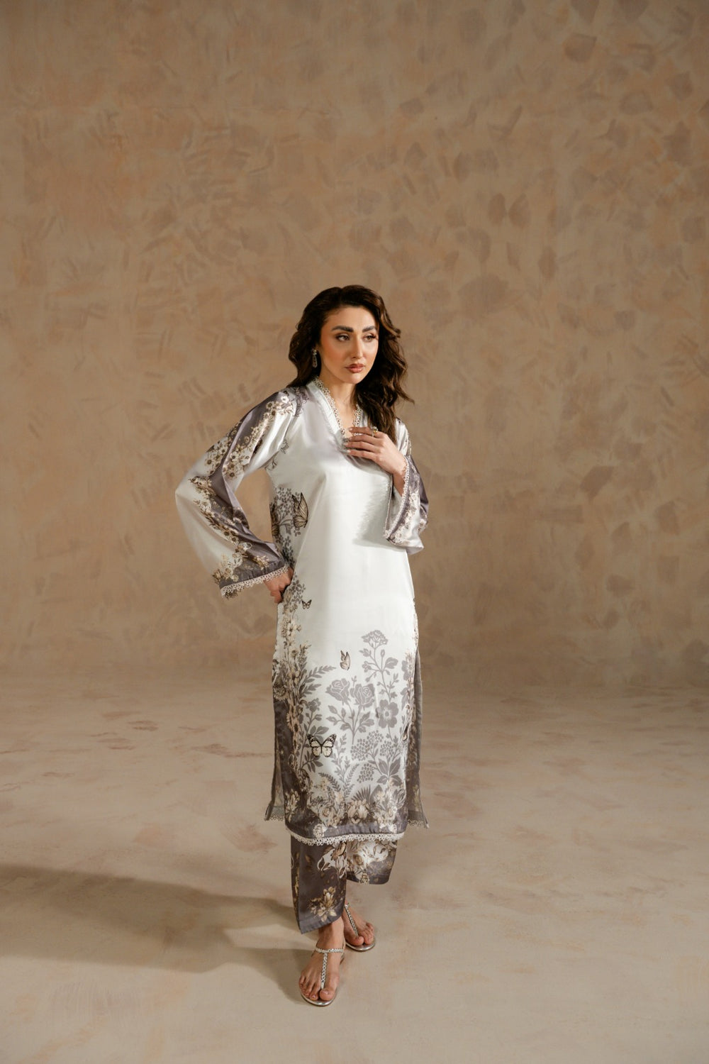 Elegant printed Charmeuse silk co-ord outfit for women by Zehnaz