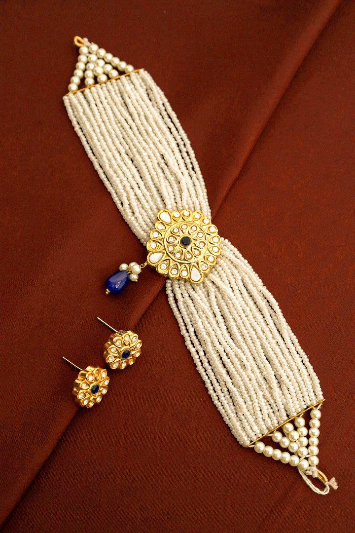 Qamar Blue Kundan Pearl Choker Set – Festive Jewelry - Zehnaz.ae