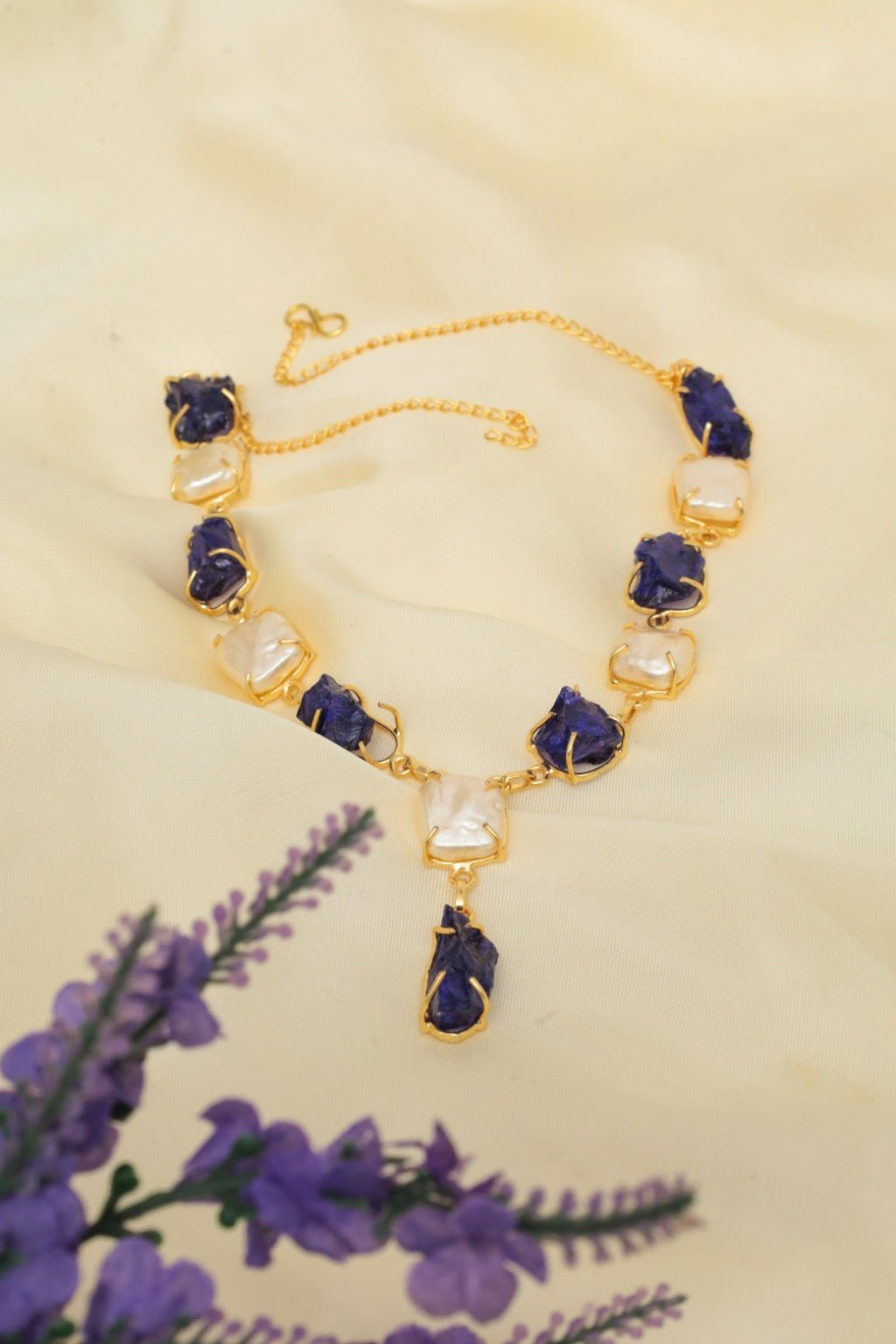 Raw Blue Stone Necklace – Gold - Plated Statement Jewelry - Zehnaz.ae