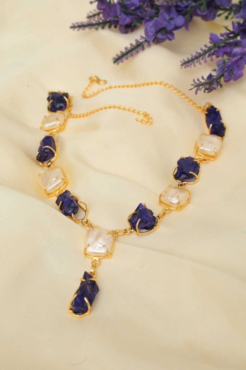 Raw Blue Stone Necklace – Gold - Plated Statement Jewelry - Zehnaz.ae