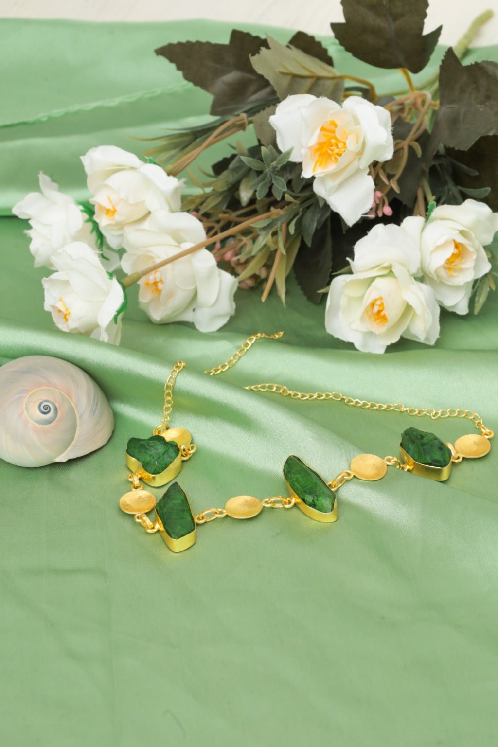 Raw Green Stone Necklace – Gold - Plated Bohemian Jewelry - Zehnaz.ae