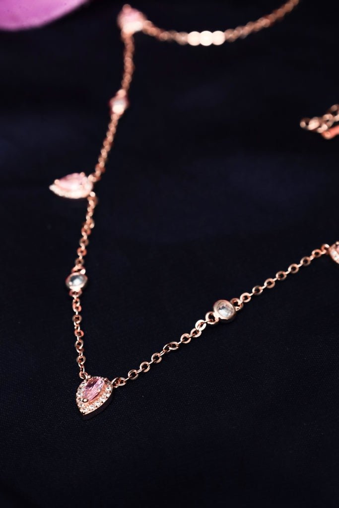 Rose Gold CZ Heart & Teardrop Charm Necklace – Dainty Jewelry - Zehnaz.ae