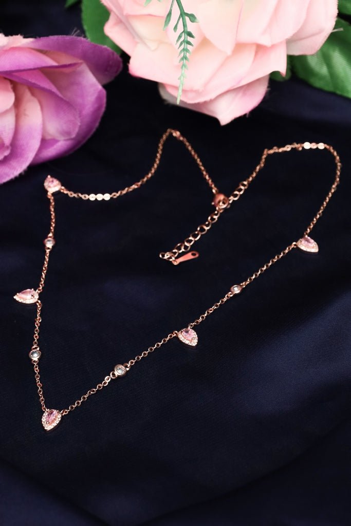 Rose Gold CZ Heart & Teardrop Charm Necklace – Dainty Jewelry - Zehnaz.ae