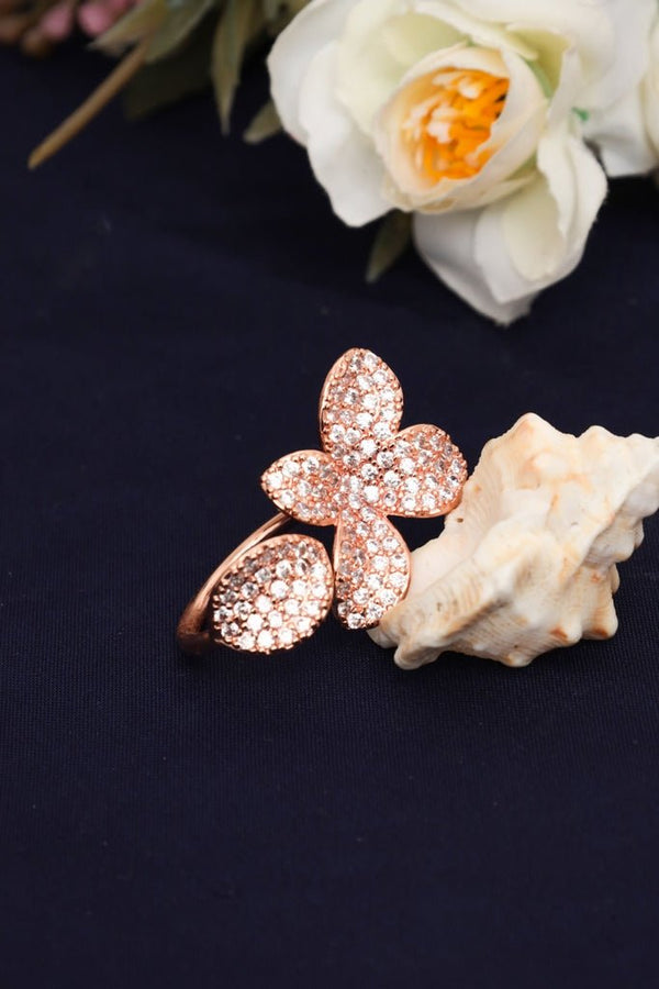 Rose Gold Flower Ring with Sparkling Stone - Encrusted Petals - Zehnaz.ae