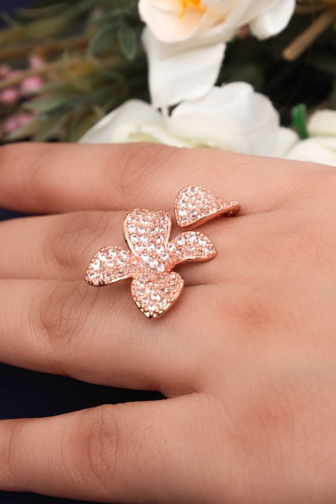 Rose Gold Flower Ring with Sparkling Stone - Encrusted Petals - Zehnaz.ae