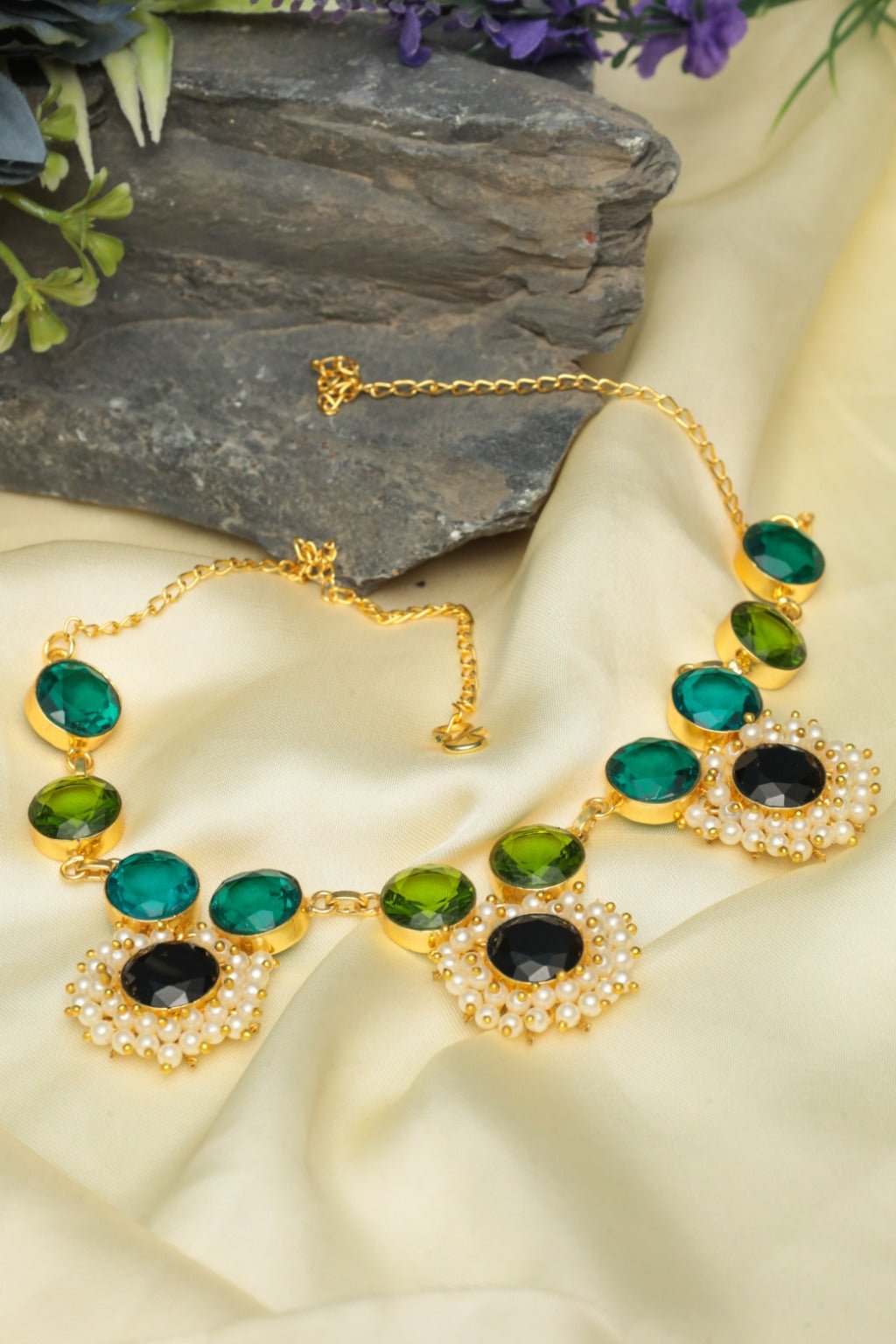 Royal Green & Black Necklace – Gold - Plated Ethnic Statement Jewelry - Zehnaz.ae