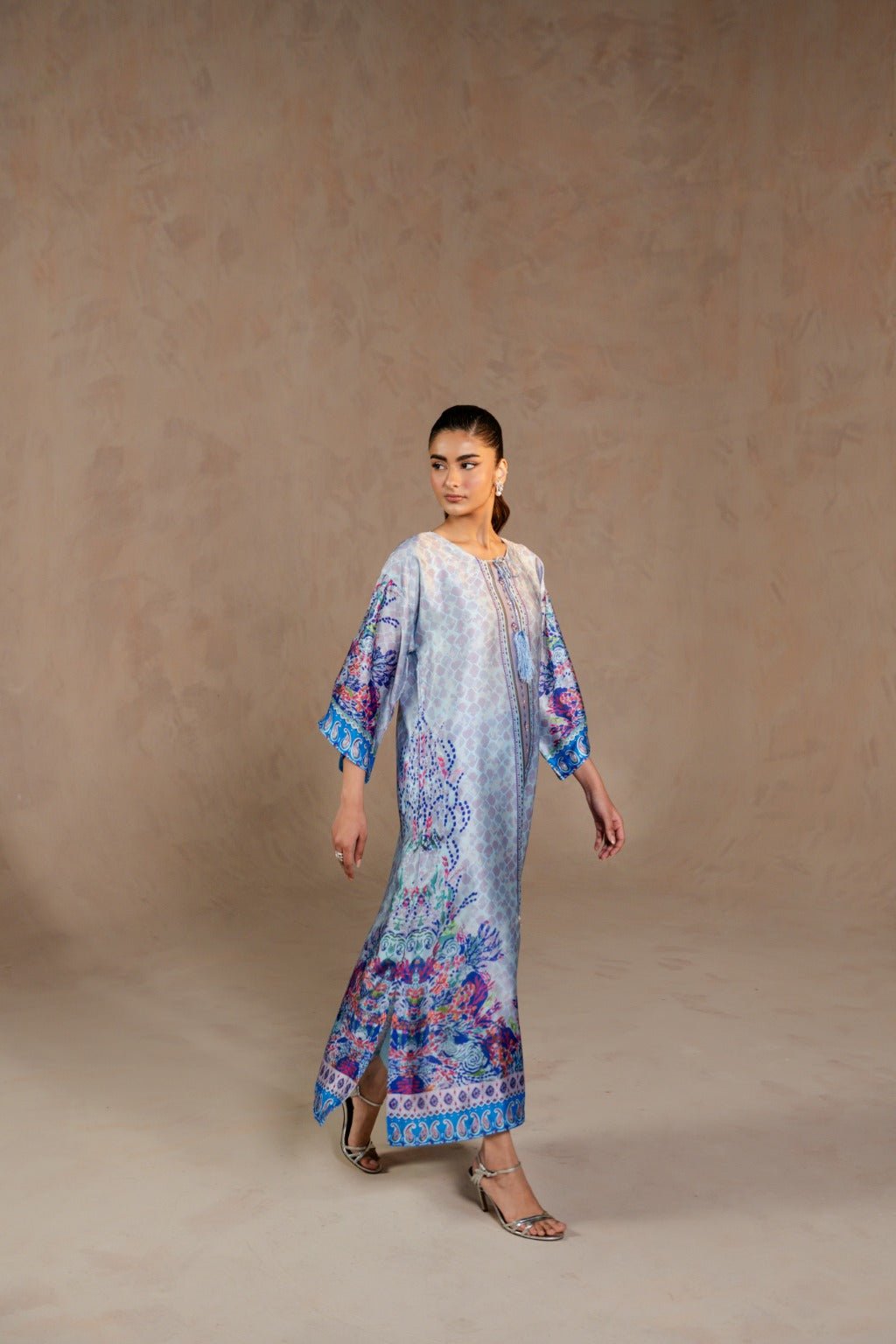 SAHARE – Charmeuse Kaftan Set with Zardozi - Zehnaz.ae
