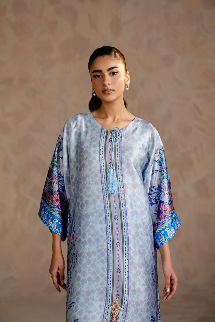 SAHARE – Charmeuse Kaftan Set with Zardozi - Zehnaz.ae