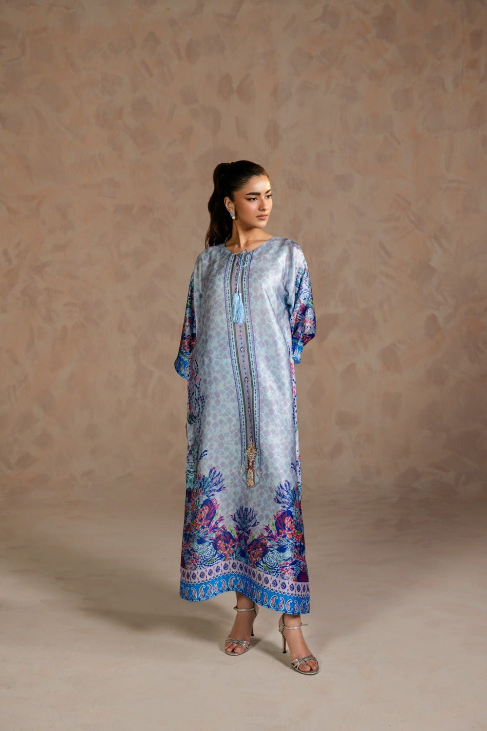 SAHARE – Charmeuse Kaftan Set with Zardozi - Zehnaz.ae