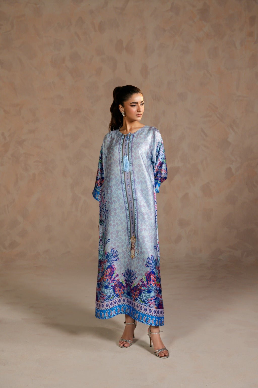 SAHARE – Charmeuse Kaftan Set with Zardozi - Zehnaz.ae