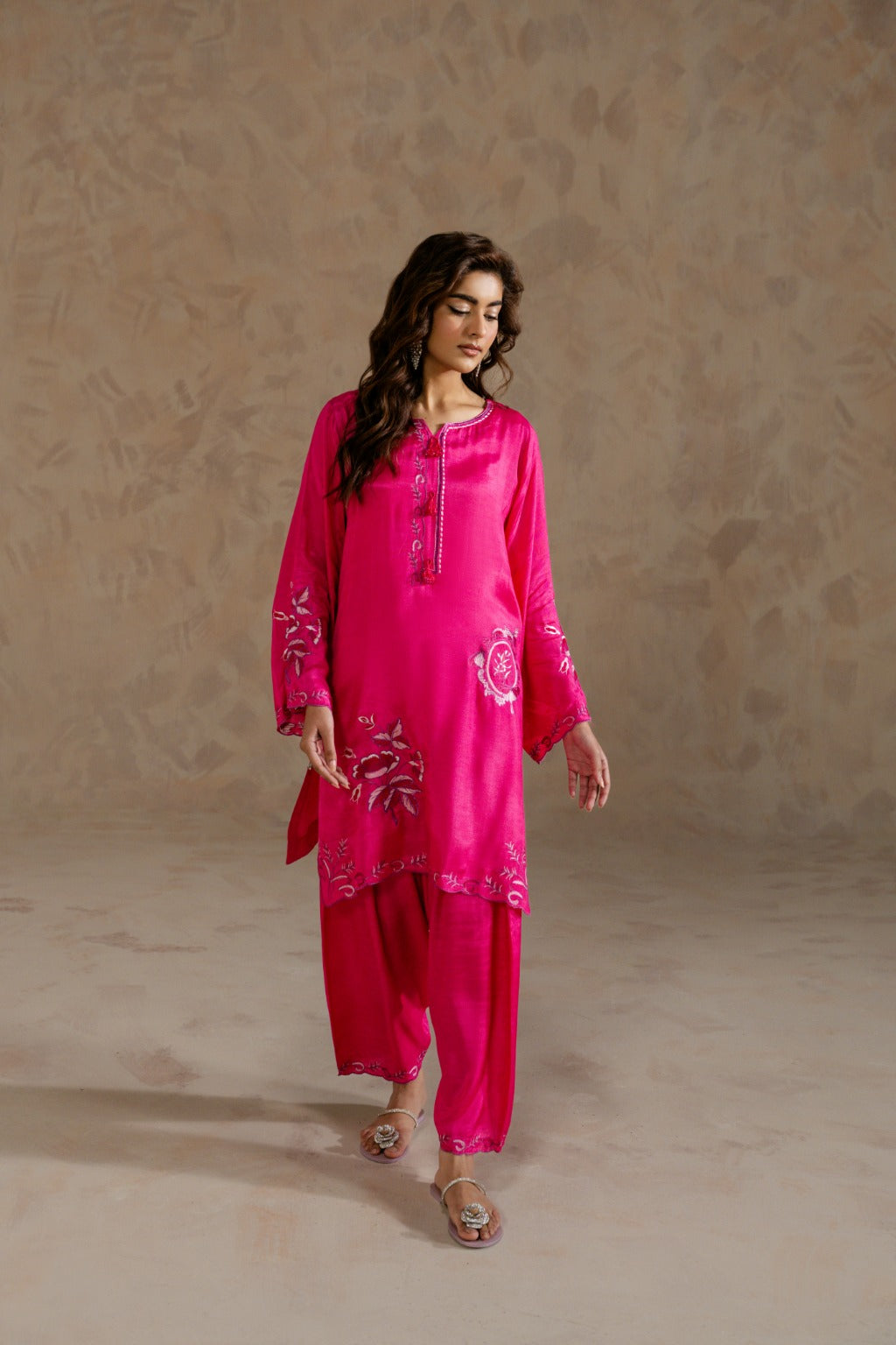 Festive embroidered raw silk short shirt & shalwar set for weddings by Zehnaz