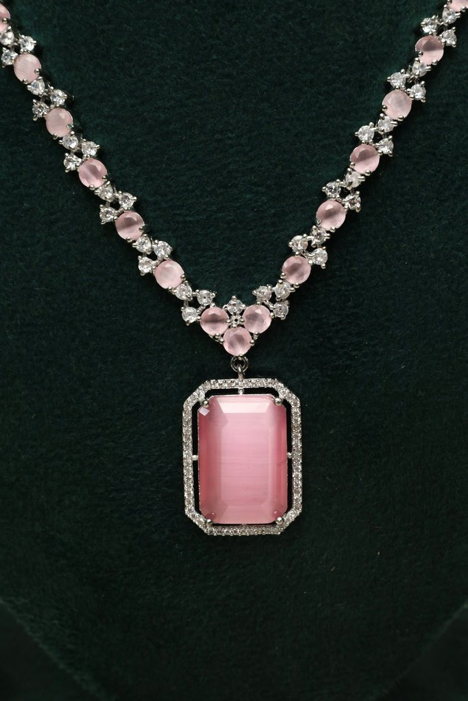 Silver Plated American Diamond Necklace Set with Pink Center Stone - Zehnaz.ae