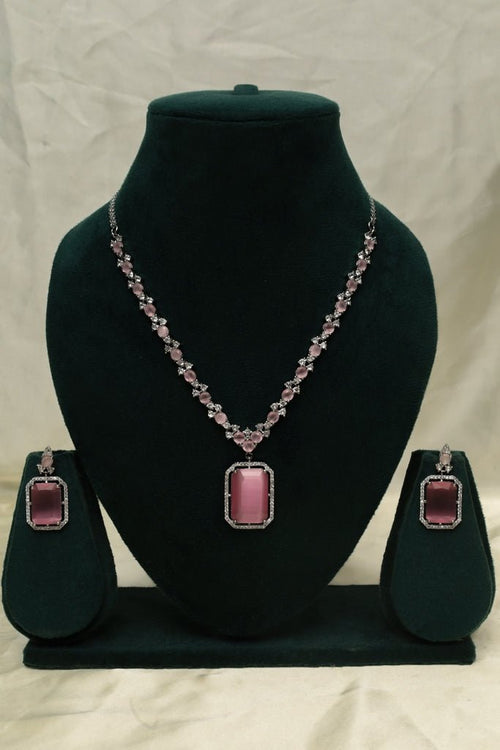 Silver Plated American Diamond Necklace Set with Pink Center Stone