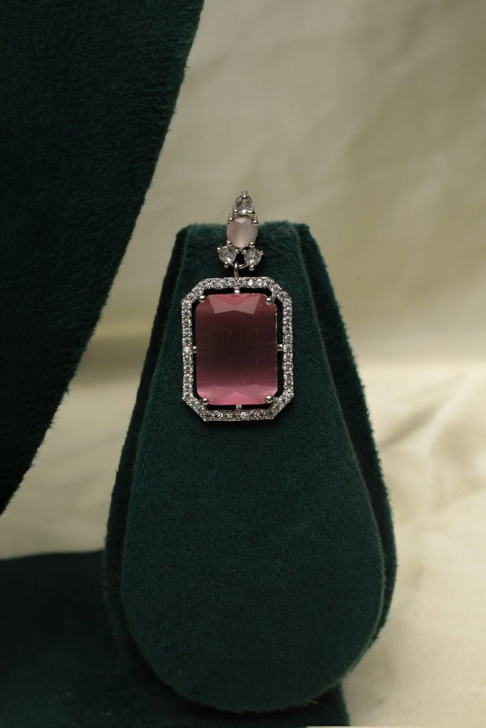 Silver Plated American Diamond Necklace Set with Pink Center Stone - Zehnaz.ae